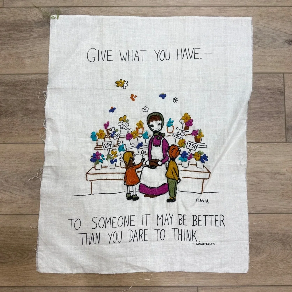 Vintage Flavia Weedn Hand Embroidered Linen Longfellow Quote Flower Market Art